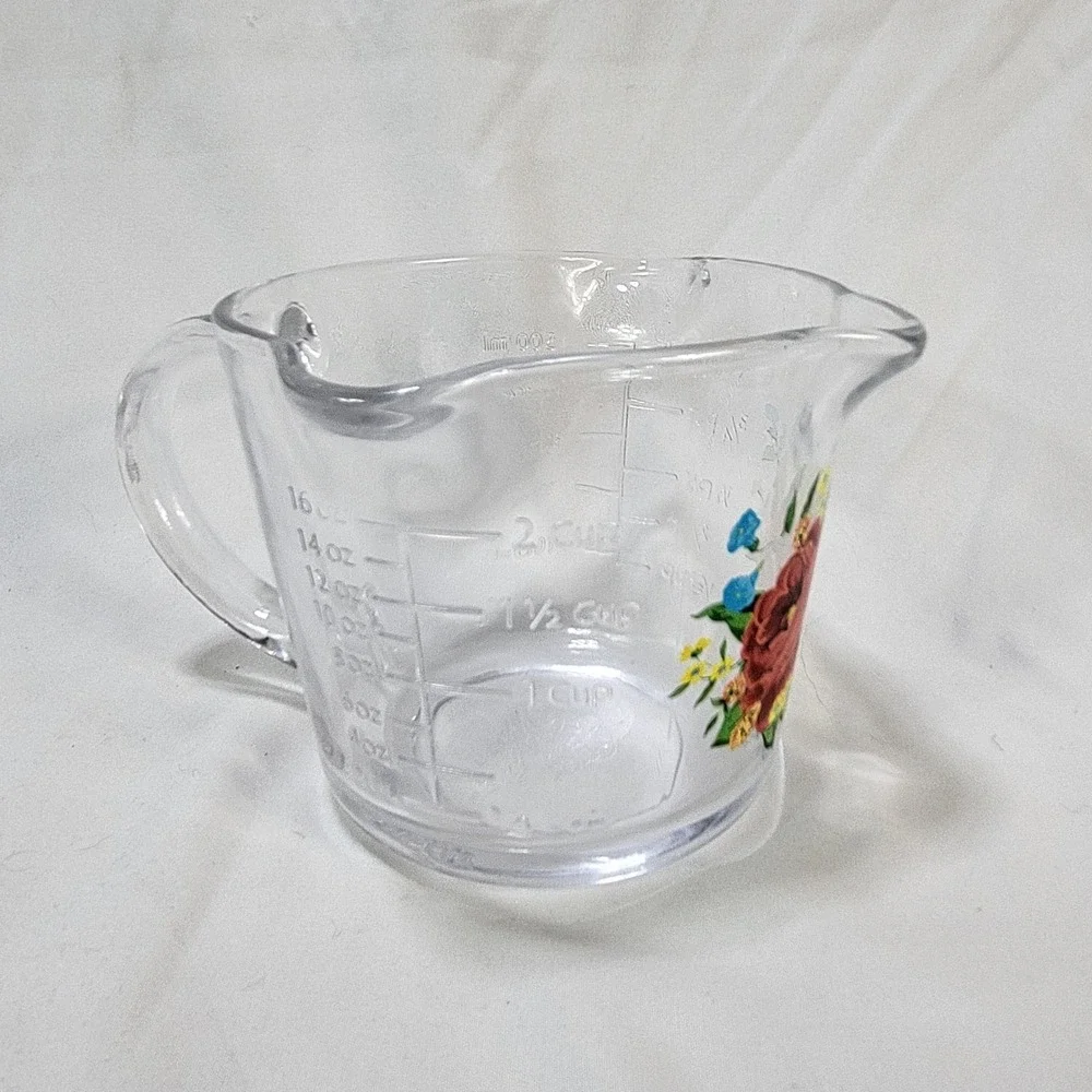 Pioneer Woman Glass Measuring Cup Pint Triple Pour Spout 2 Cup Sweet Rose Flower
